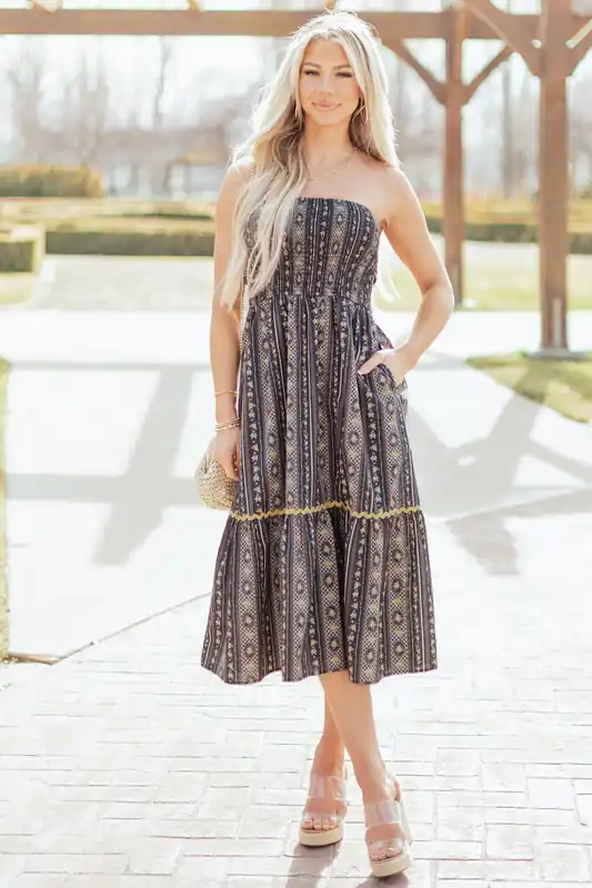 Navy Strapless Vintage Floral Cotton Midi Dress - Heyson