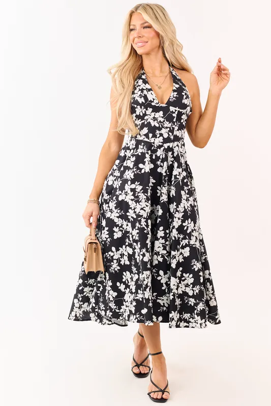 Black Cotton Floral Print Halter Neck Midi Dress - Klesis