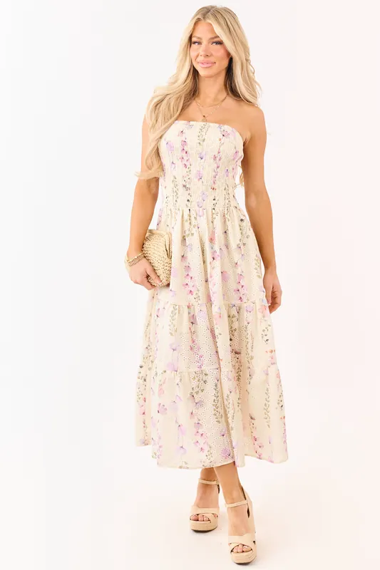 Pastel Yellow Floral Print Strapless Midi Dress - HYFVE