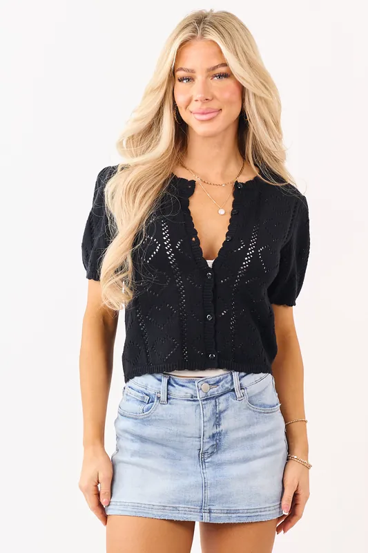 Black Pointelle Button Down Puff Sleeve Cardigan - HYFVE