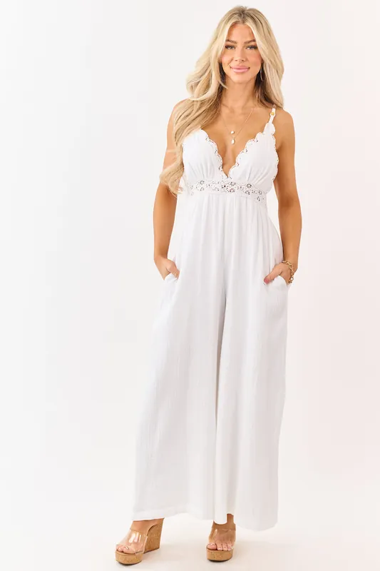 White Cotton Gauze Crochet Lace Sleeveless Jumpsuit - Camellia Clothing