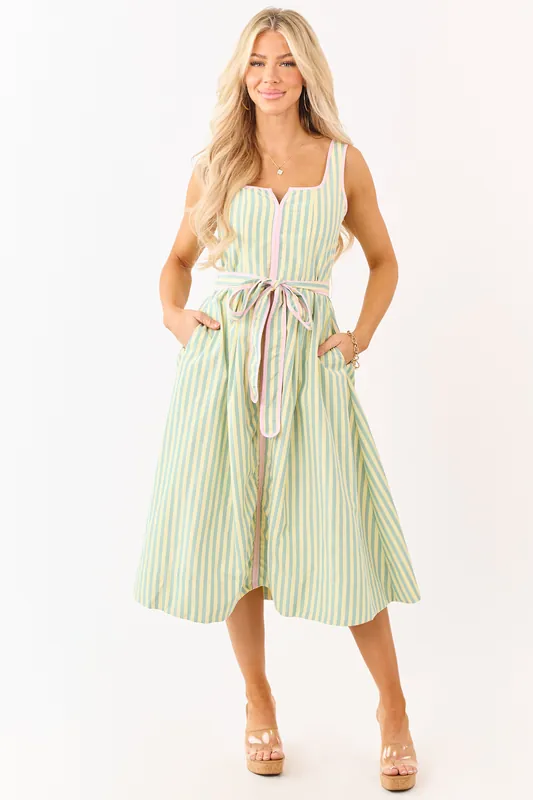 Honeysuckle Striped Notch Neck Waist Tie Midi Dress - Baby Pink