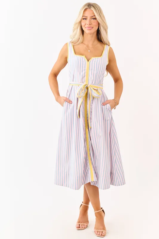 Cherry Blossom Striped Notch Neck Waist Tie Midi Dress - Baby Pink
