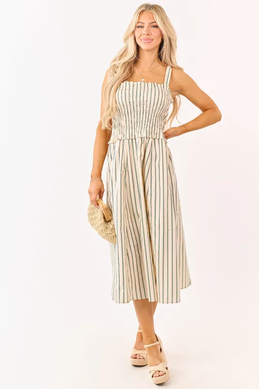 Desert Sand Striped Cotton Smocked Midi Dress - Day + Moon
