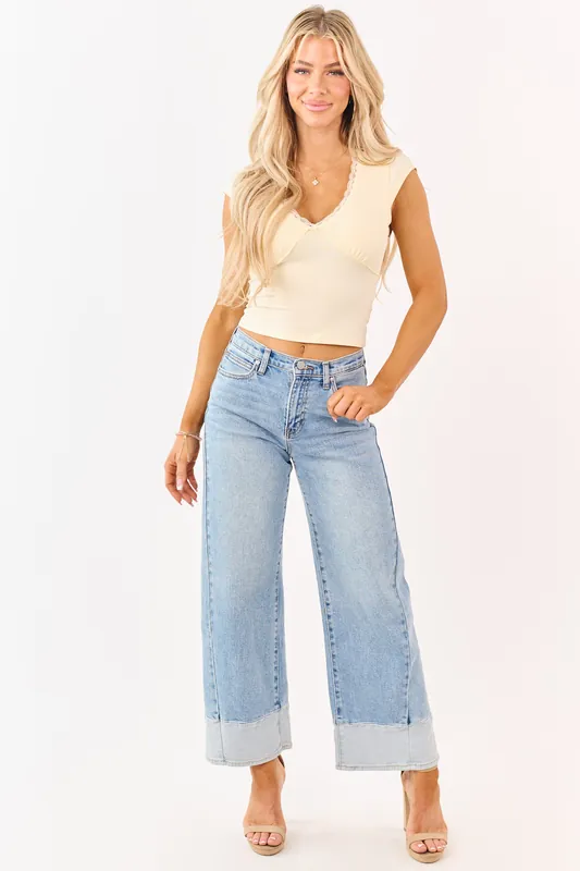 Light Wash Two Toned Hem Stretchy Wide Leg Jeans - Just Panmaco