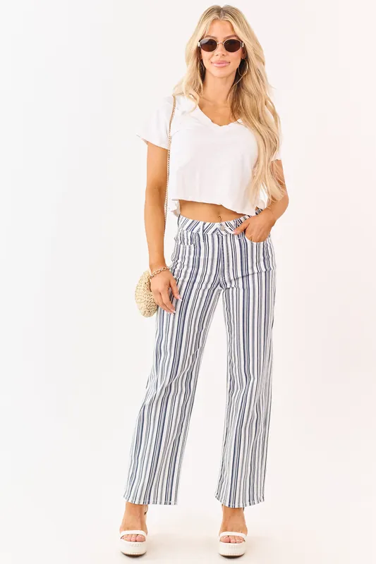 Navy Striped High Rise Straight Stretchy Jeans - Just Panmaco
