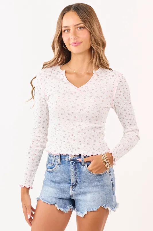 Ivory Ditsy Floral Rib Knit V-Neck Long Sleeve Top