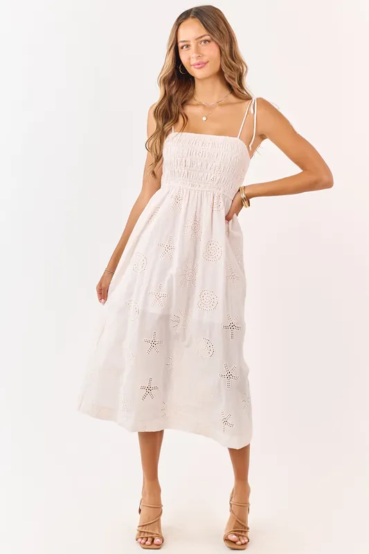 Light Tea Rose Smocked Eyelet Cotton Midi Dress - Paper Moon