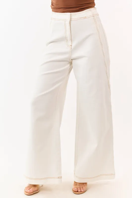 Off White Scalloped Side Seam Stretchy Wide Leg Jeans - Camellia Clothing