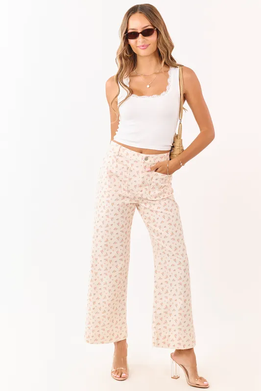 Peach Ditsy Floral Patch Pocket Wide Leg Jeans - Mittoshop