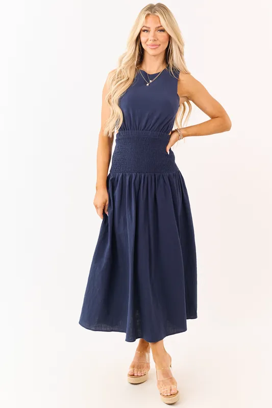 Navy Cotton Side Cut Out Smocked Waist Maxi Dress - Raisonnel