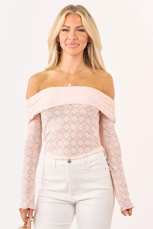 Peach Off the Shoulder Lace Long Sleeve Top - Pretty Garbage