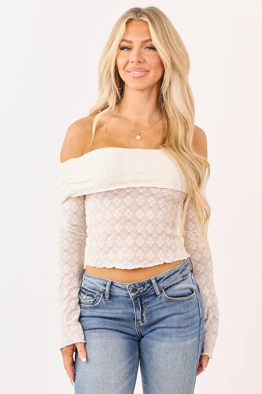 Cream Off the Shoulder Lace Long Sleeve Top - Pretty Garbage