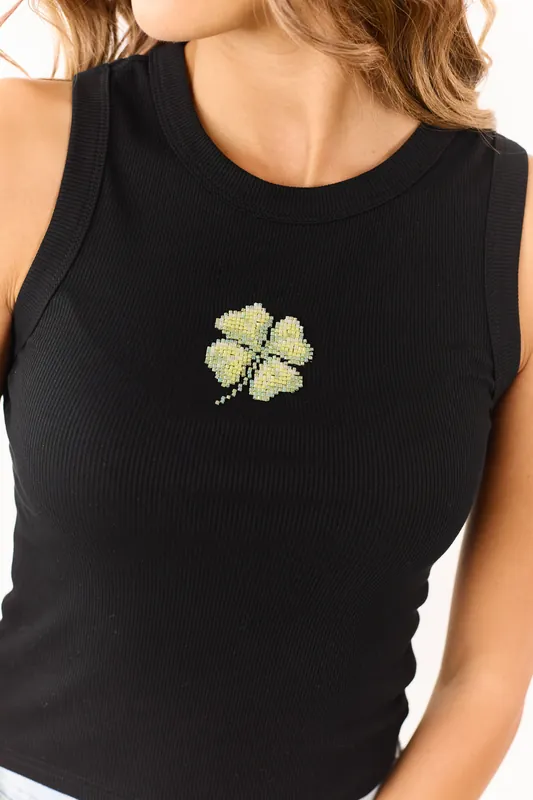 Black Rib Knit Beaded Clover Graphic Tank Top - Pretty Garbage
