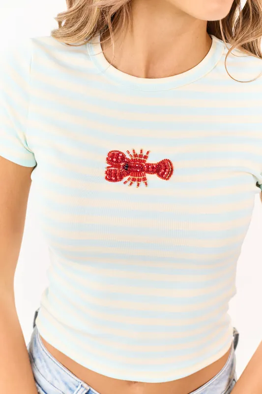 Arctic Blue Striped Beaded Lobster Graphic Tee - Pretty Garbage