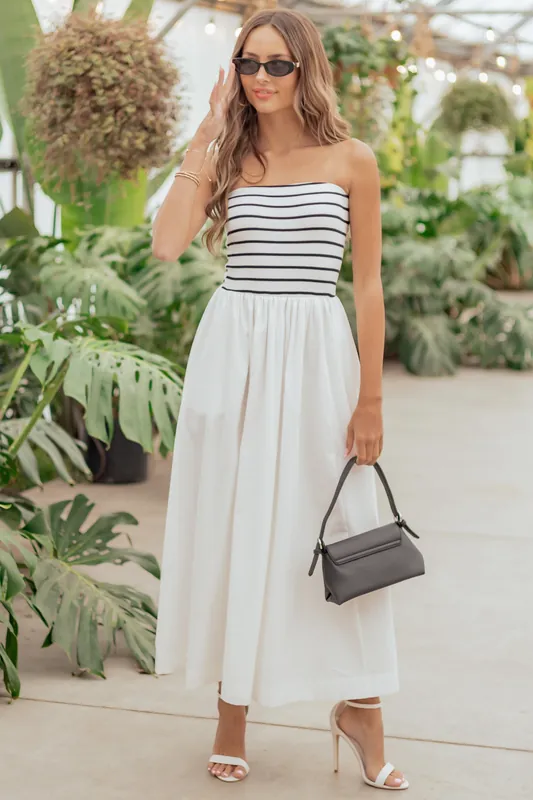 Ivory and Black Striped Strapless Cotton Maxi Dress - HYFVE