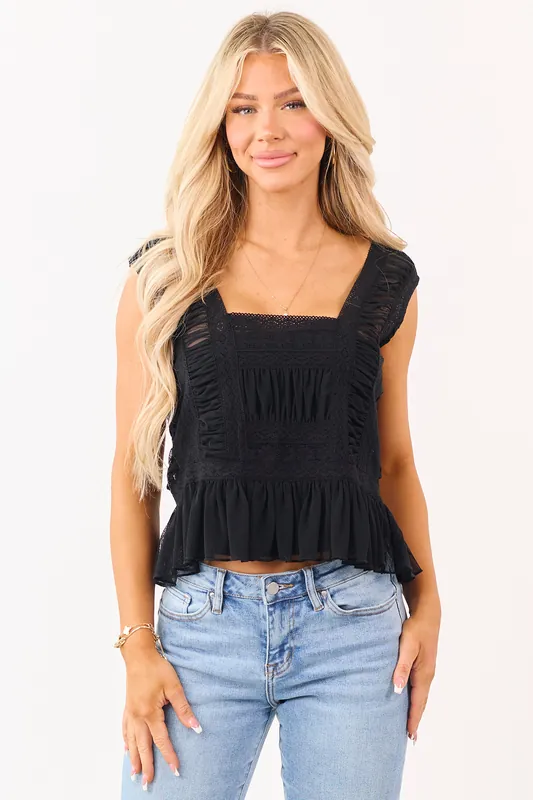 Black Lace Mesh Peplum Ruffle Tank Top - Camellia Clothing