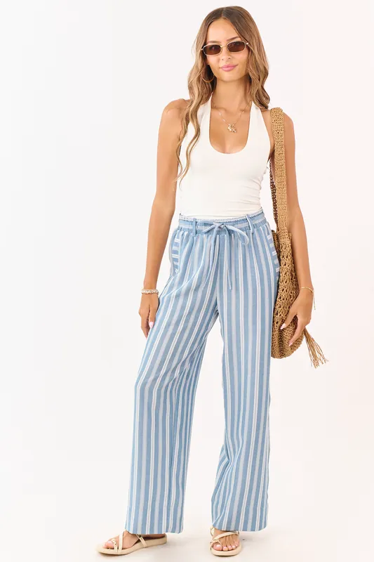 Ocean Striped Elastic Waistband Drawstring Pants - Camellia Clothing