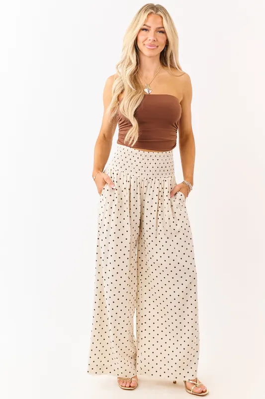 Almond and Cocoa Polka Dot Smocked Waist Pants - HYFVE