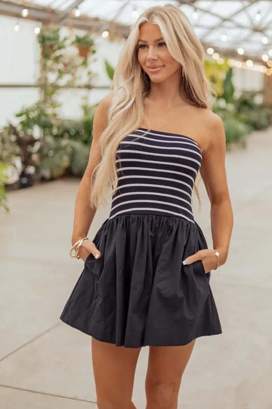 Black and Ivory Striped Strapless Cotton Mini Dress - HYFVE