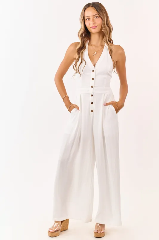 Ivory Halter Neck Buttoned Wide Leg Jumpsuit - HYFVE