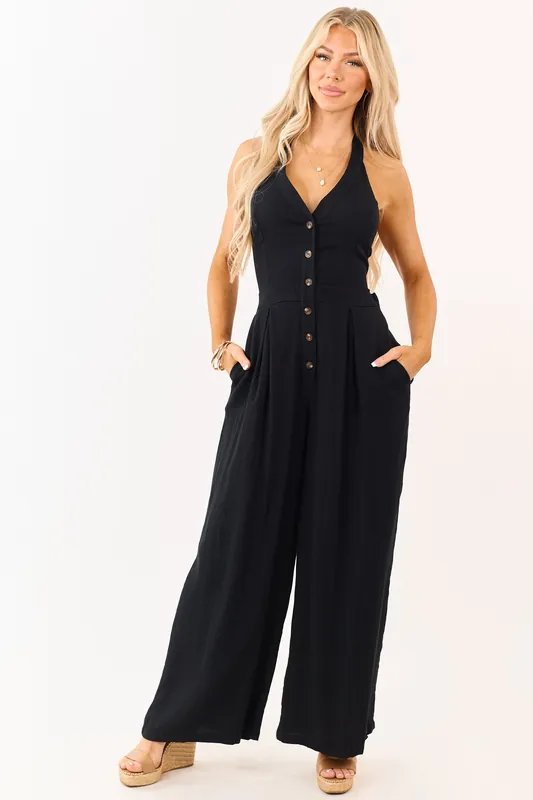 Black Halter Neck Buttoned Wide Leg Jumpsuit - HYFVE