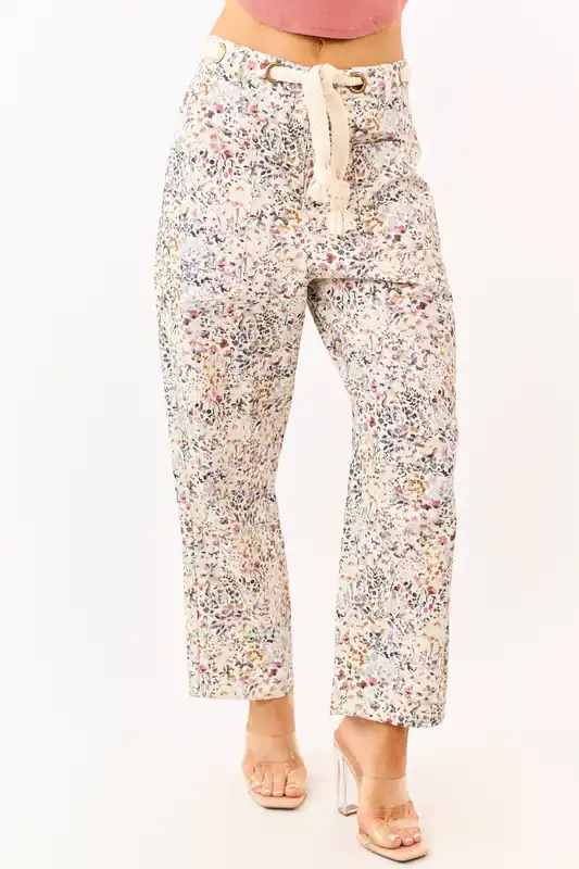 Cream Wildflower Waist Tie Barrel Leg Denim Pants - LovLov