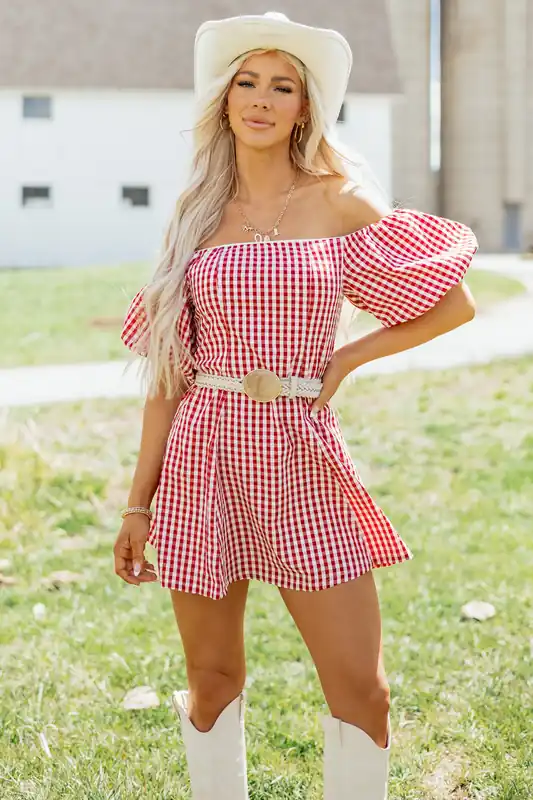 Cream and Burgundy Gingham Off Shoulder Mini Dress - Dress Forum