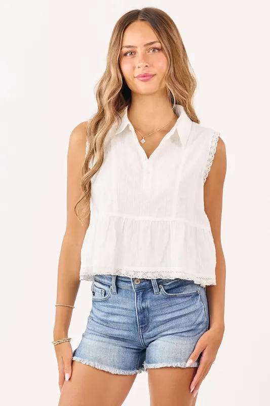 Ivory Swiss Dot Half Button Up Cotton Tank Top - Day + Moon