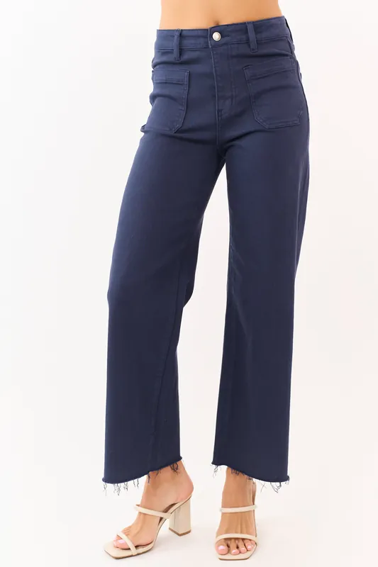 Mica Denim Navy Stretchy Raw Hem Wide Leg Jeans