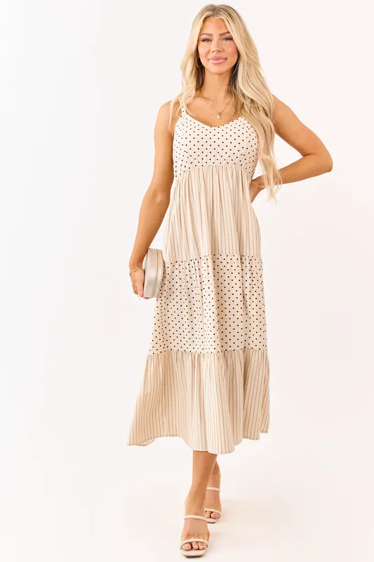 Lovelo Almond Polka Dot and Stripe Tiered Midi Dress - GeeGee