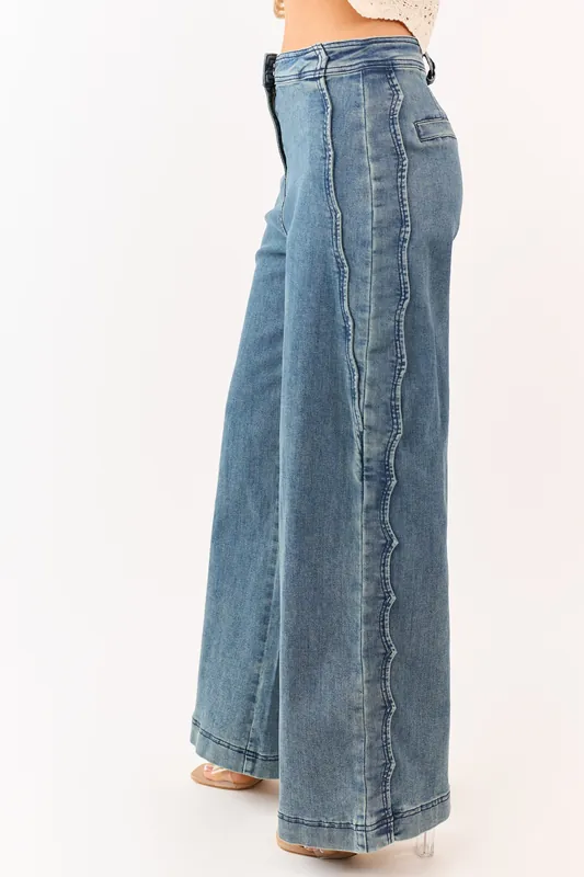 Medium Vintage Wash Scalloped Side Stretch Wide Jeans - Camellia Clothing