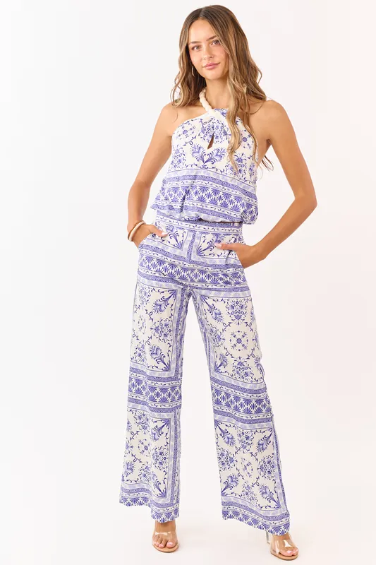 Cream Floral Tile Print Lightweight Wide Leg Pants - Fore Collection