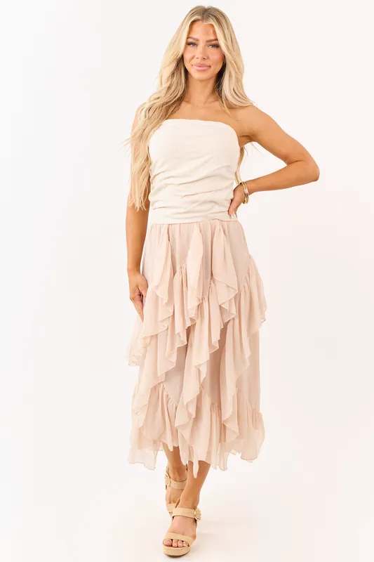 Peach Ruffled Chiffon Elastic Waist Midi Skirt - Camellia Clothing