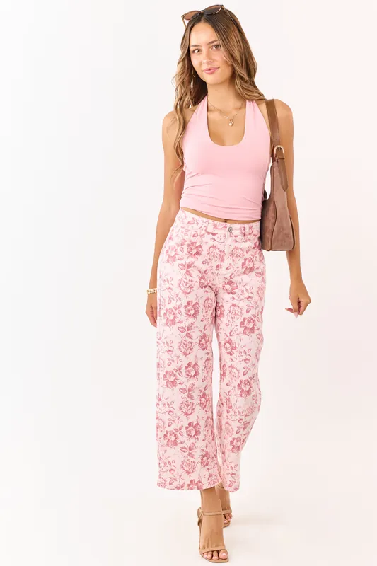 Carnation Vintage Rose Print Stretchy Wide Leg Jeans - Shewin