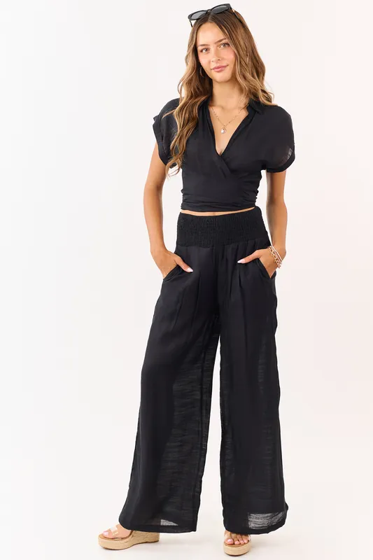 Black Tie Front Top and Wide Leg Pants Set - HYFVE