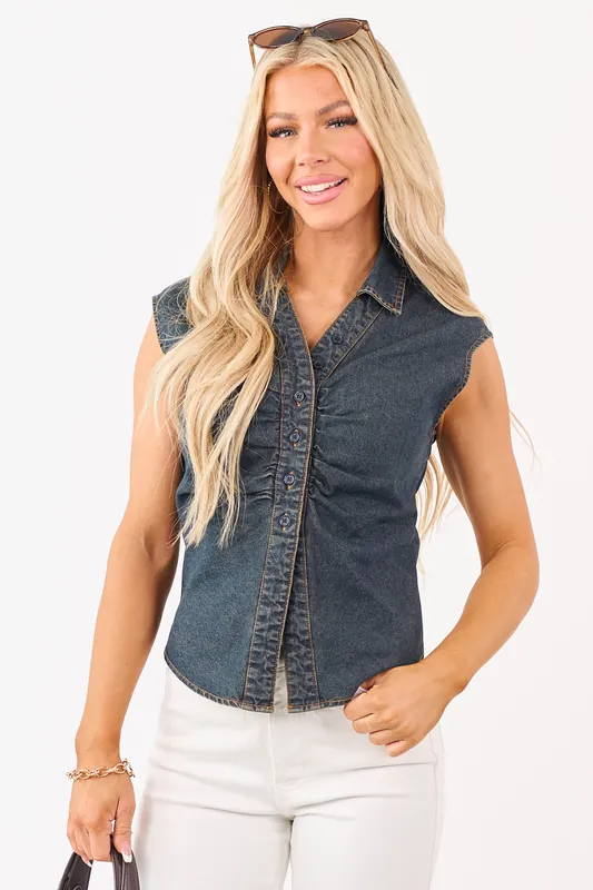 Dark Wash Button Down Ruched Sleeveless Top - HYFVE