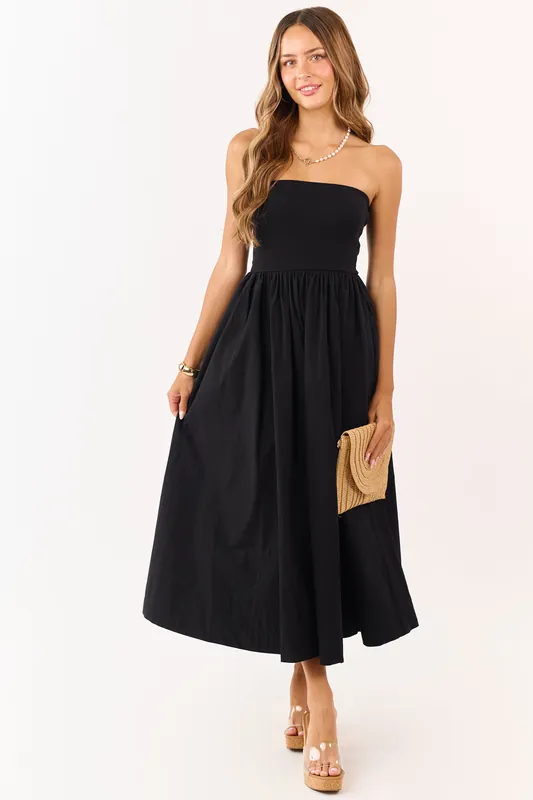 Black Strapless Knit Contrast Cotton Maxi Dress - HYFVE