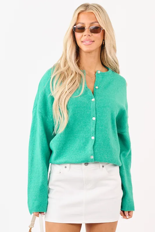 Kelly Green Soft Rib Knit Button Down Cardigan - LE LIS