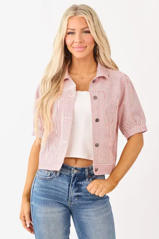 Ruby Striped Denim Button Down Short Sleeve Top - FATE