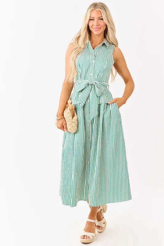 Entro Pine and Cream Striped Waist Tie Midi Dress