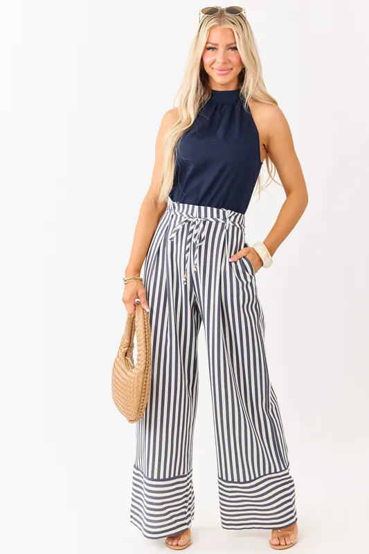 Navy Blue and White Striped Leg Halter Neck Jumpsuit - Klesis