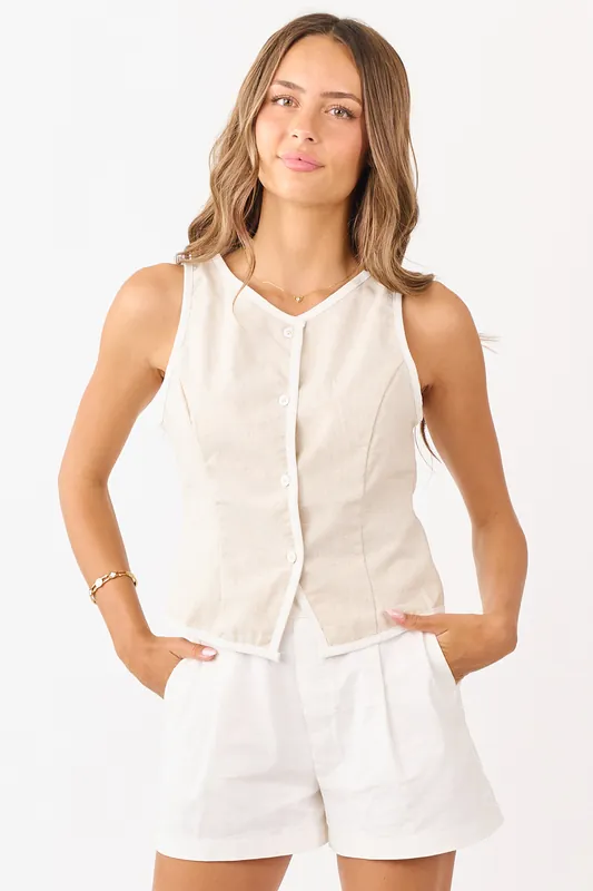 Almond Linen Blend Button Up Vest Top - Blue Blush