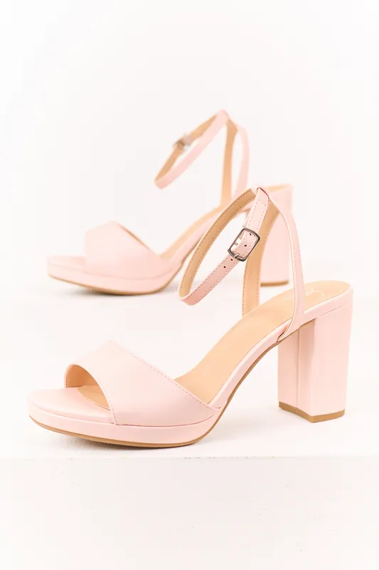 Blush Faux Leather Ankle Strap Block Heels - FORTUNE DYNAMIC