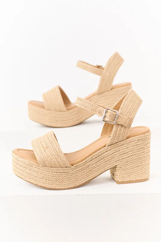Beige Raffia Platform Ankle Strap Block Heels - FORTUNE DYNAMIC