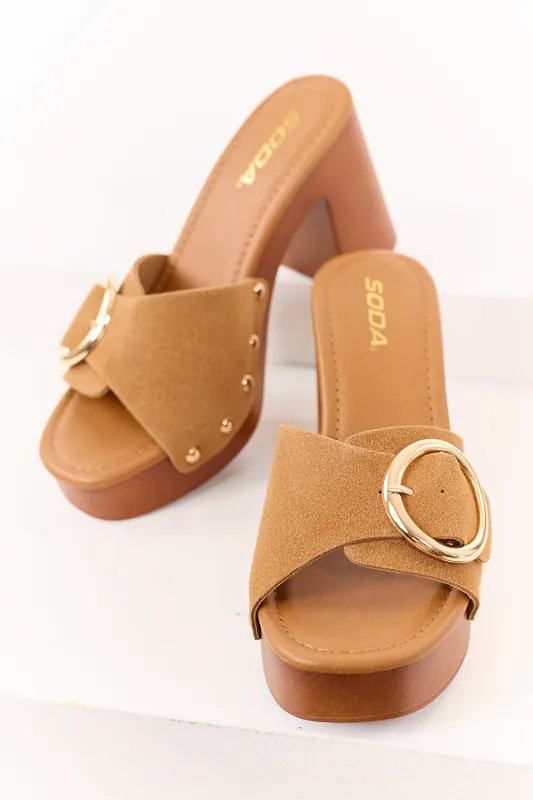 Cognac Faux Suede Buckle Strap Mule Block Heels - FORTUNE DYNAMIC