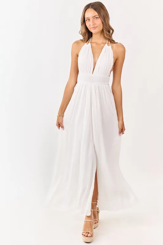 White Halter Neck Smocked Waist Maxi Dress - Klesis