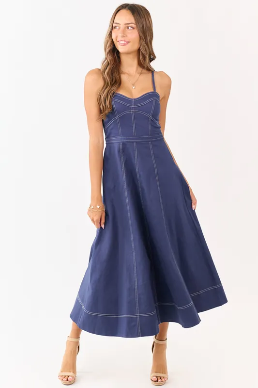 Navy Contrast Stitch Denim A-Line Midi Dress