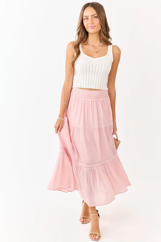 Baby Pink Tiered Smocked Waistband Midi Skirt - Very J