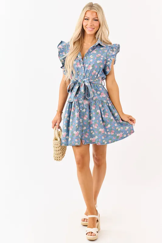 Lovelo Medium Wash Floral Button Up Denim Mini Dress - GeeGee